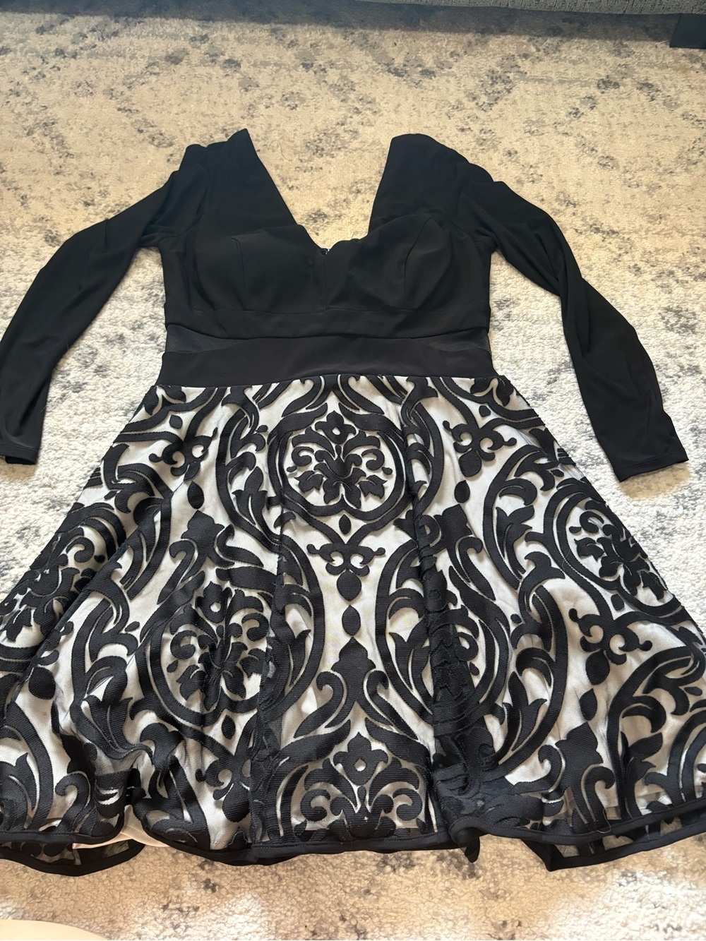 Xscape Black Long Sleeve Fit-and-Flare Dress with Scroll Lace Skirt